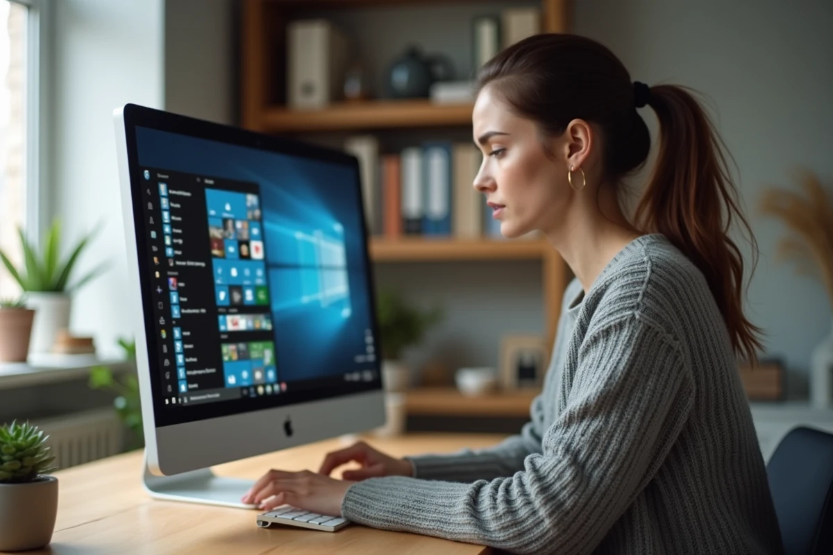 Femme créant un raccourci icône sur le bureau Windows depuis son ordinateur de bureau à domicile