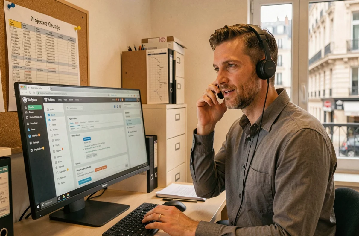 Chef de projet de l'agence CSLH gérant un site WordPress par téléphone dans un bureau professionnel