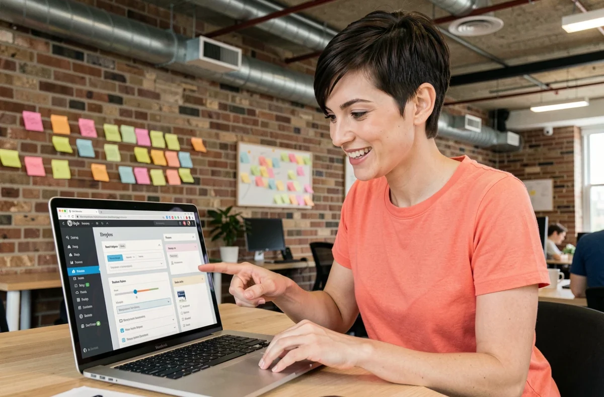 Spécialiste WordPress de l'agence Cultive ton site présentant un tableau de bord WordPress sur laptop dans un espace de travail créatif