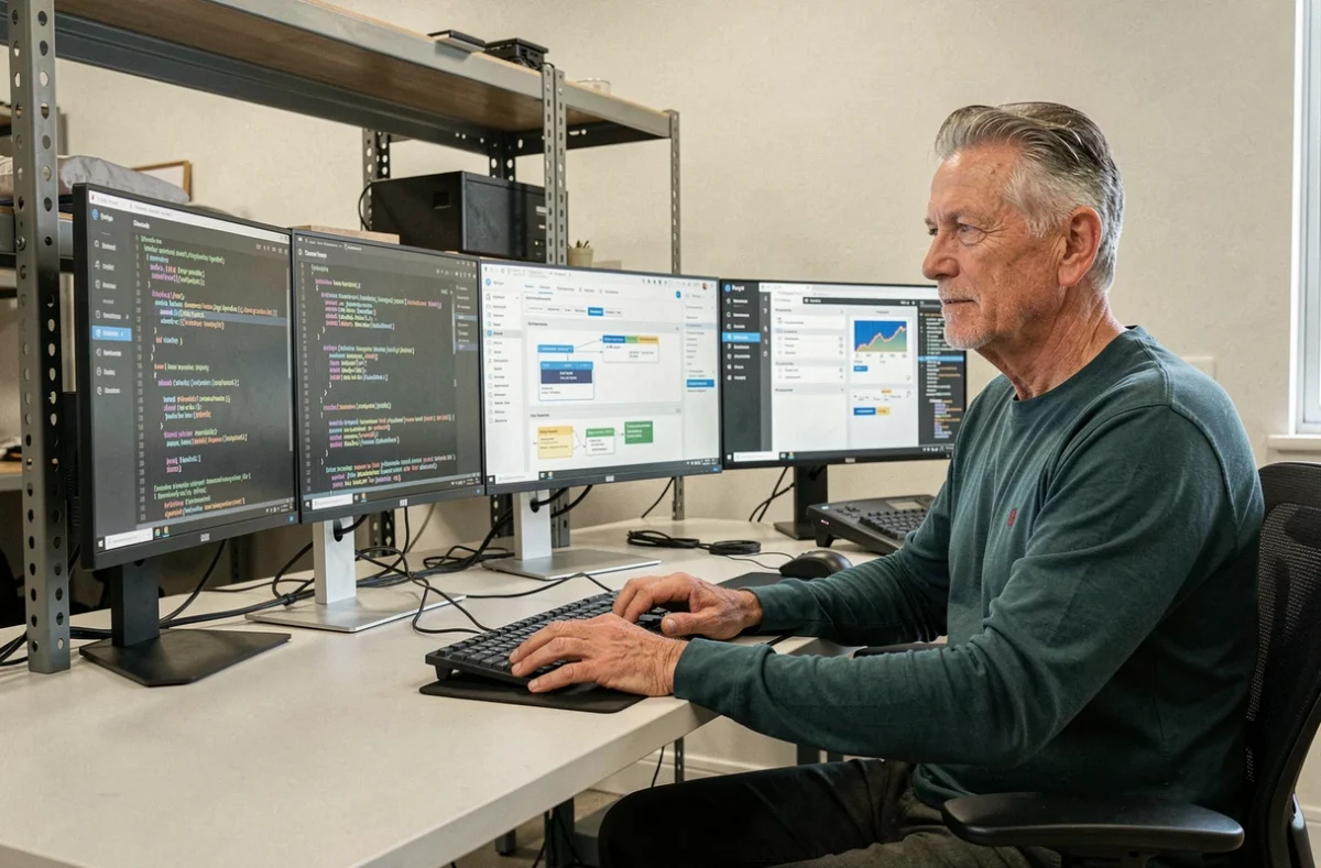 Développeur senior de Debussac travaillant sur des solutions web sur mesure devant un poste multi-écrans affichant du code et des schémas de base de données