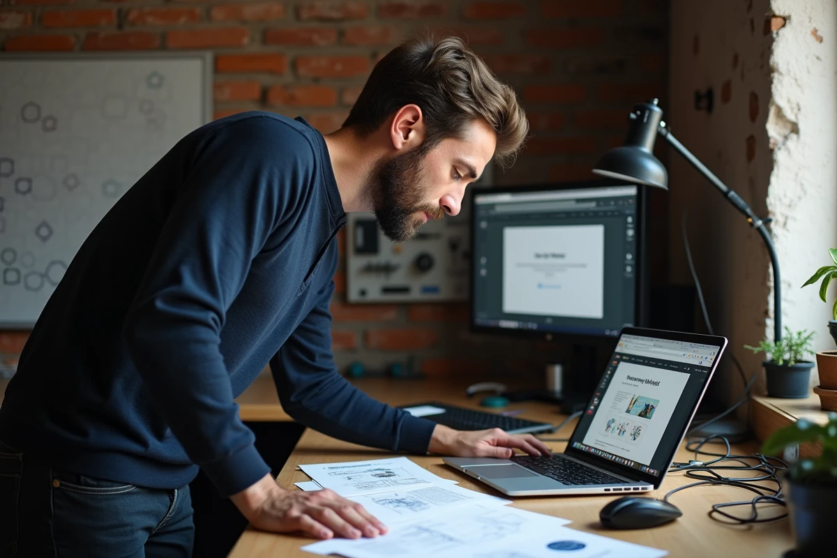 Designer comparant des sorties de modèles IA dans un studio créatif professionnel