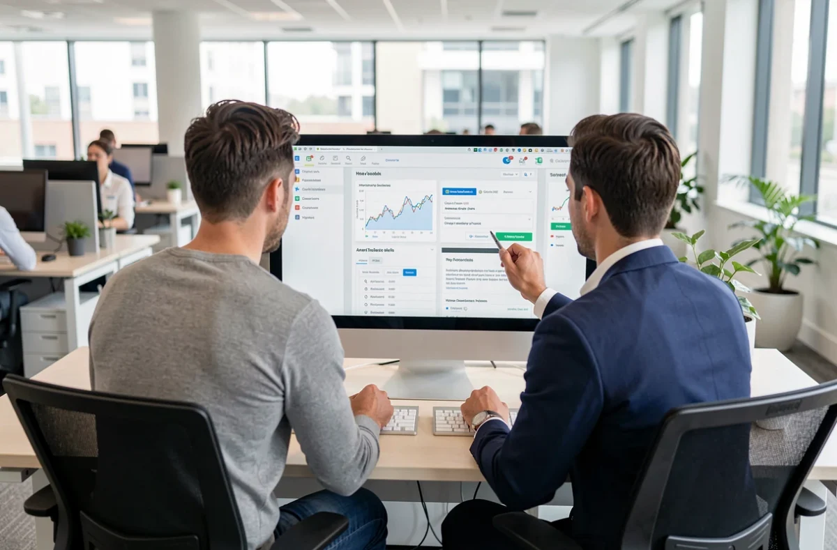 Deux collègues comparant des solutions logicielles sur un écran