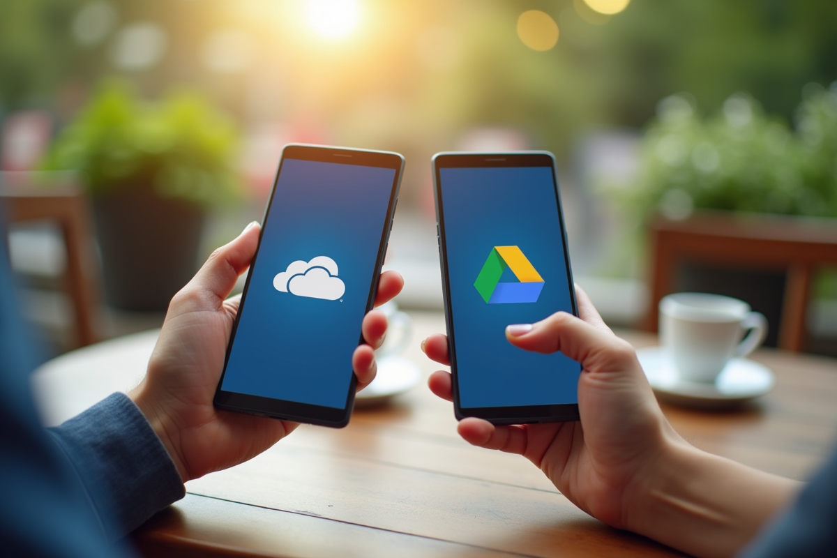 Deux mains tenant des smartphones avec OneDrive et Google Drive