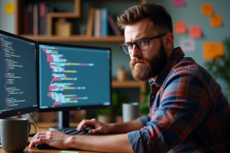 Homme barbu en plaid concentré devant son double écran