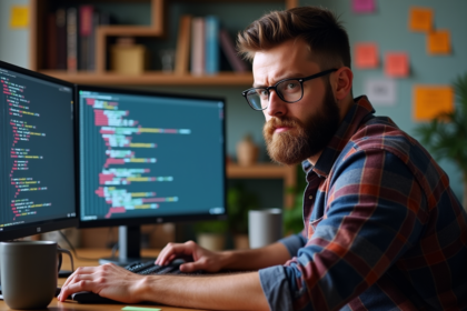 Homme barbu en plaid concentré devant son double écran