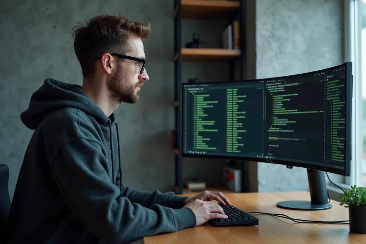 Développeur Linux installant Python et pip via un terminal bash sur un ultrawide monitor dans un bureau minimaliste