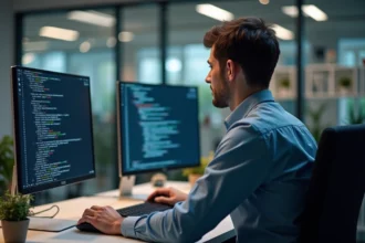 Homme en costume travaillant sur un ordinateur en open space