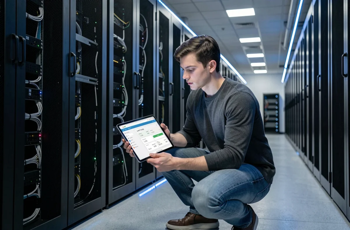 Technicien de Digibase Web consultant un panneau d'hébergement dans un couloir de datacenter