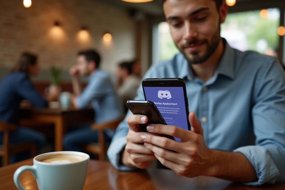 Jeune homme consultant les annonces en italique sur Discord via smartphone dans un café