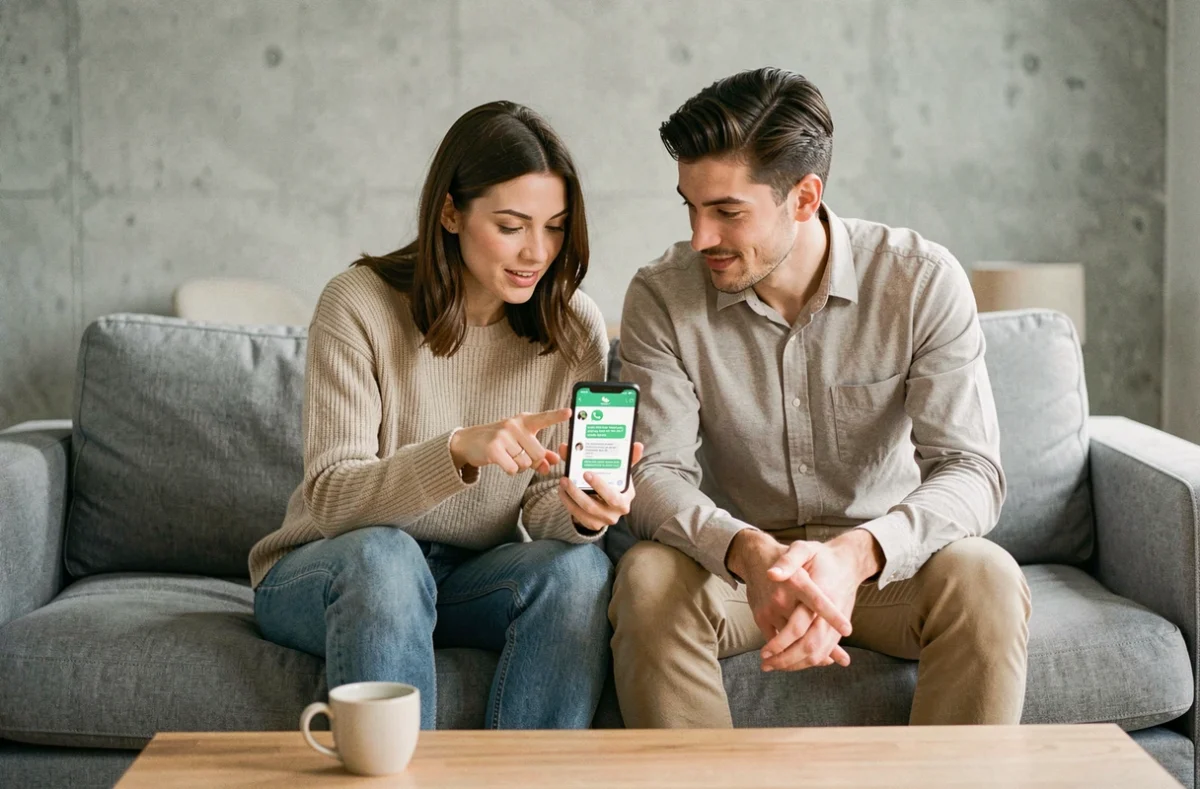Deux personnes regardant ensemble un écran de smartphone avec une conversation WhatsApp formatée, apprenant à surligner du texte