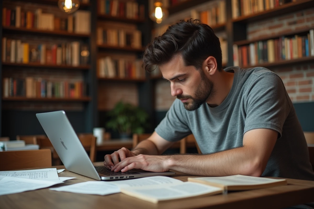 Écrivain en herbe dans un café littéraire structurant son roman avec un outil de comptage de mots