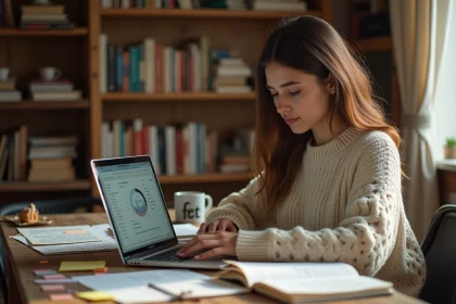 Jeune femme écrivaine devant son ordinateur portable avec un compteur de mots affichant la progression de son roman