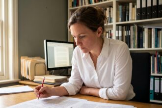 Éditrice dans les années 30 révisant des maquettes d'articles dans un bureau éditorial moderne avec des étagères remplies de livres