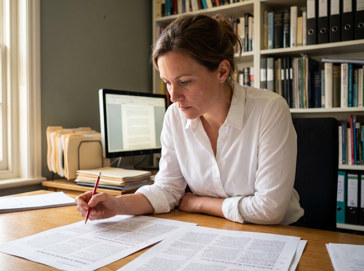 Éditrice dans les années 30 révisant des maquettes d'articles dans un bureau éditorial moderne avec des étagères remplies de livres