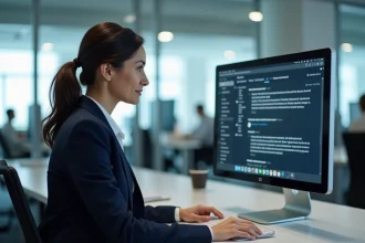 Employée EDF consultant sa messagerie webmail professionnelle sur un ordinateur de bureau en open space