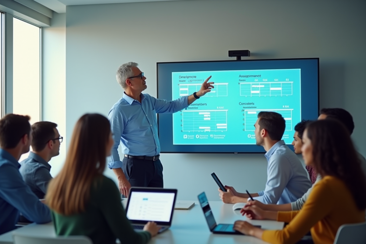 Professeur expliquant des données à des adultes en réunion