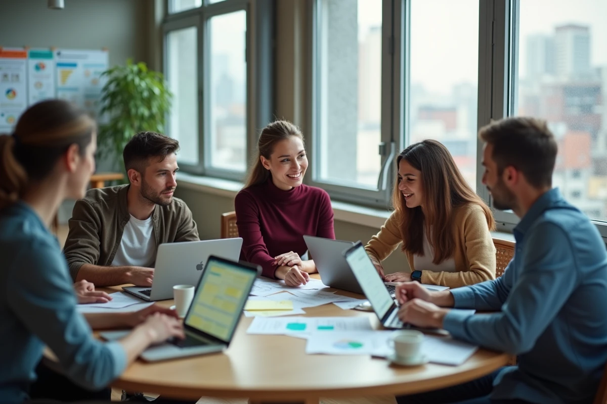 Équipe pluridisciplinaire en atelier de formation autour d'une table ronde avec laptops et supports pédagogiques sur un outil web
