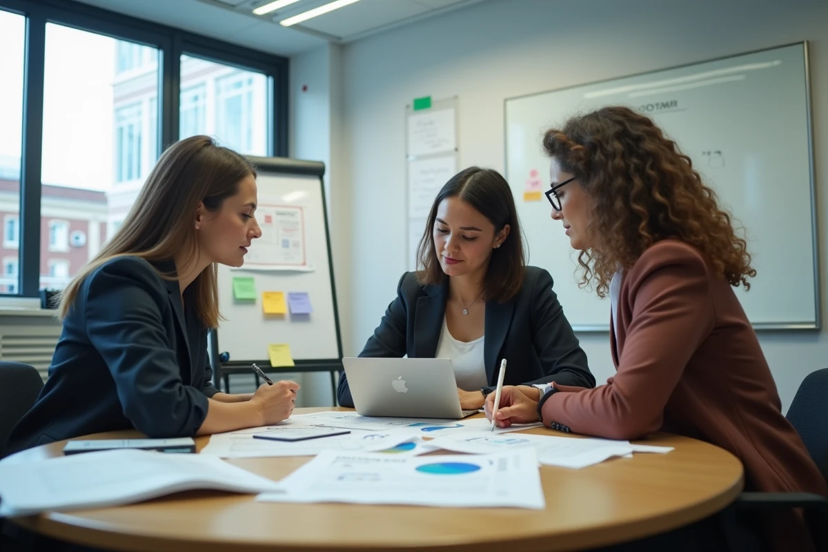 Équipe municipale collaborant sur le choix d'une solution de services en ligne lors d'une réunion de travail