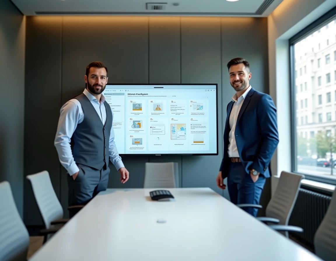 Équipe de PME collaborant autour d'un tableau de bord RH numérique lors d'une réunion de travail