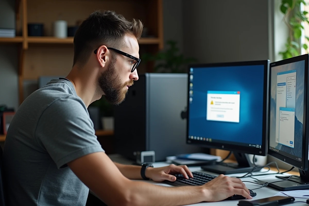 Homme frustré face à une erreur lors de l'installation de Windows 7 sur son ordinateur de bureau