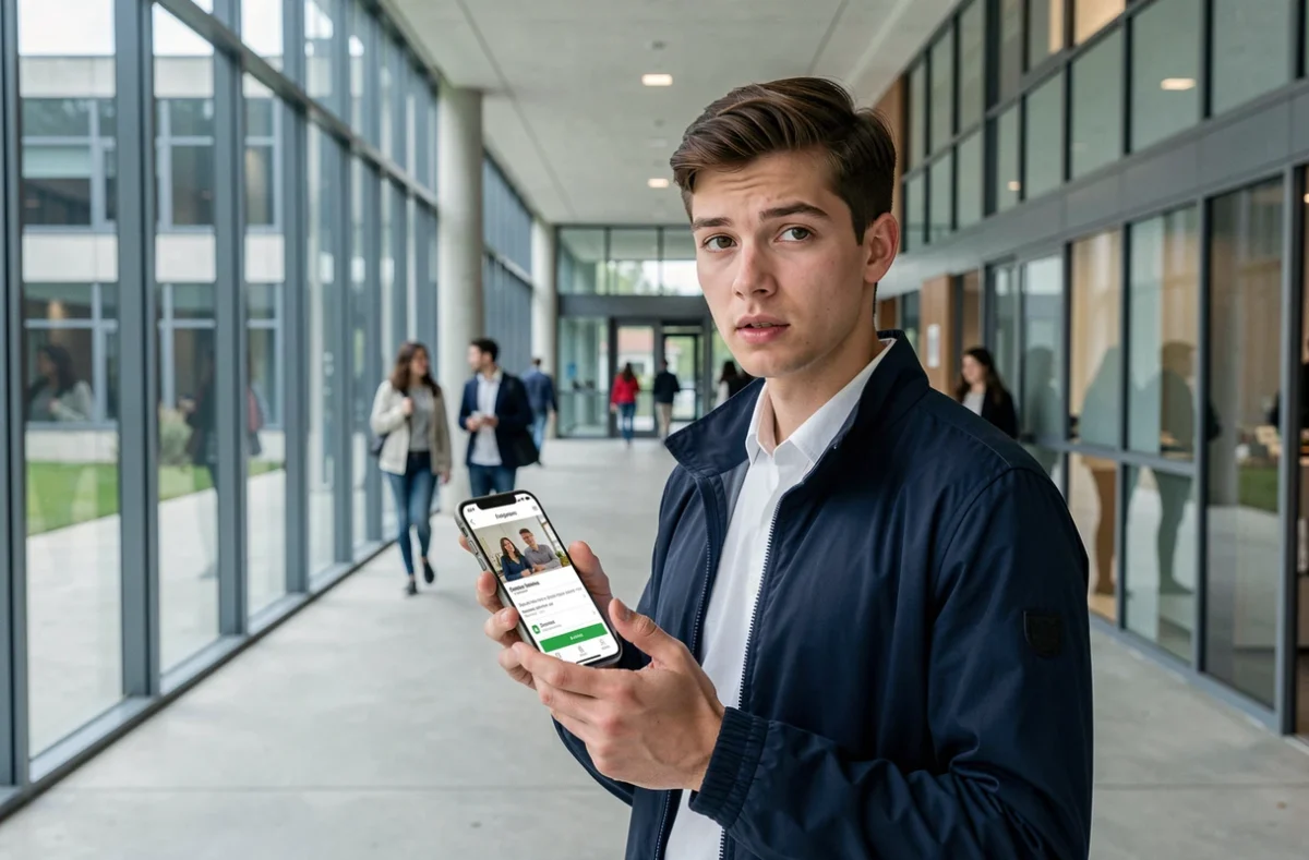Étudiant consultant l'application ENT sur smartphone dans un couloir de campus universitaire