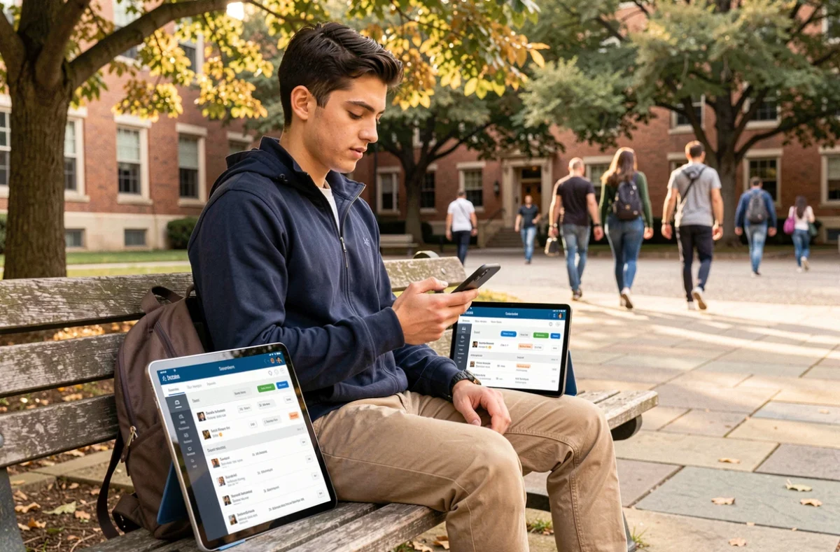 Étudiant consultant l'ENT UPVD sur smartphone et tablette dans la cour du campus universitaire