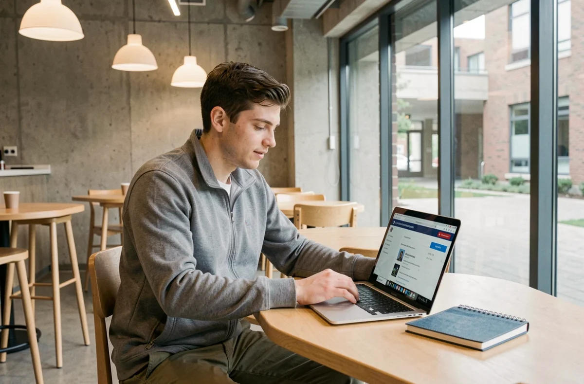 Étudiant accédant à l'intranet Lyon 3 sur laptop dans un café universitaire en début de semestre