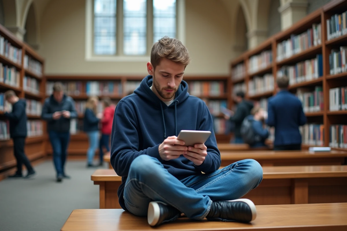 Étudiant consultant sa messagerie académique Webmel Nancy sur une tablette dans une bibliothèque universitaire