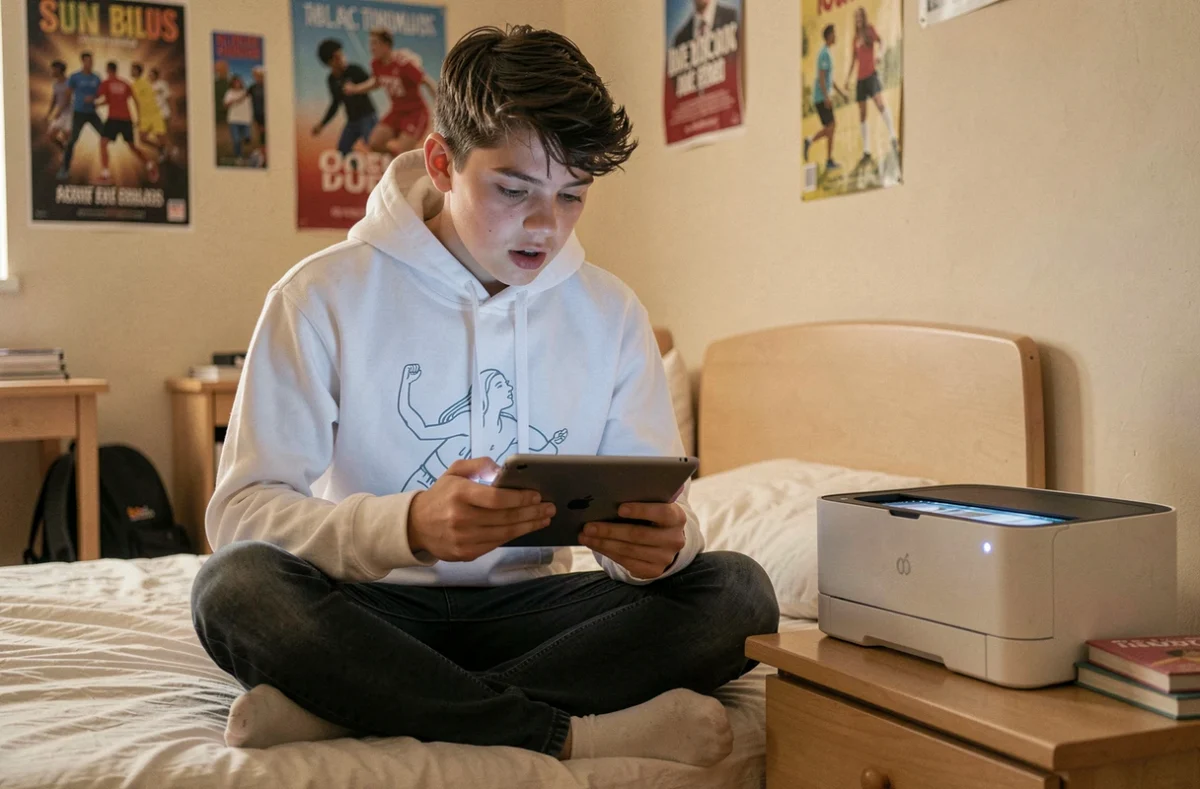 Étudiant connectant une tablette Android à une imprimante wifi dans une chambre d'étudiant