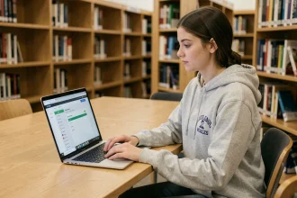 Étudiante utilisant le portail ENT UHA sur son ordinateur portable dans une bibliothèque universitaire