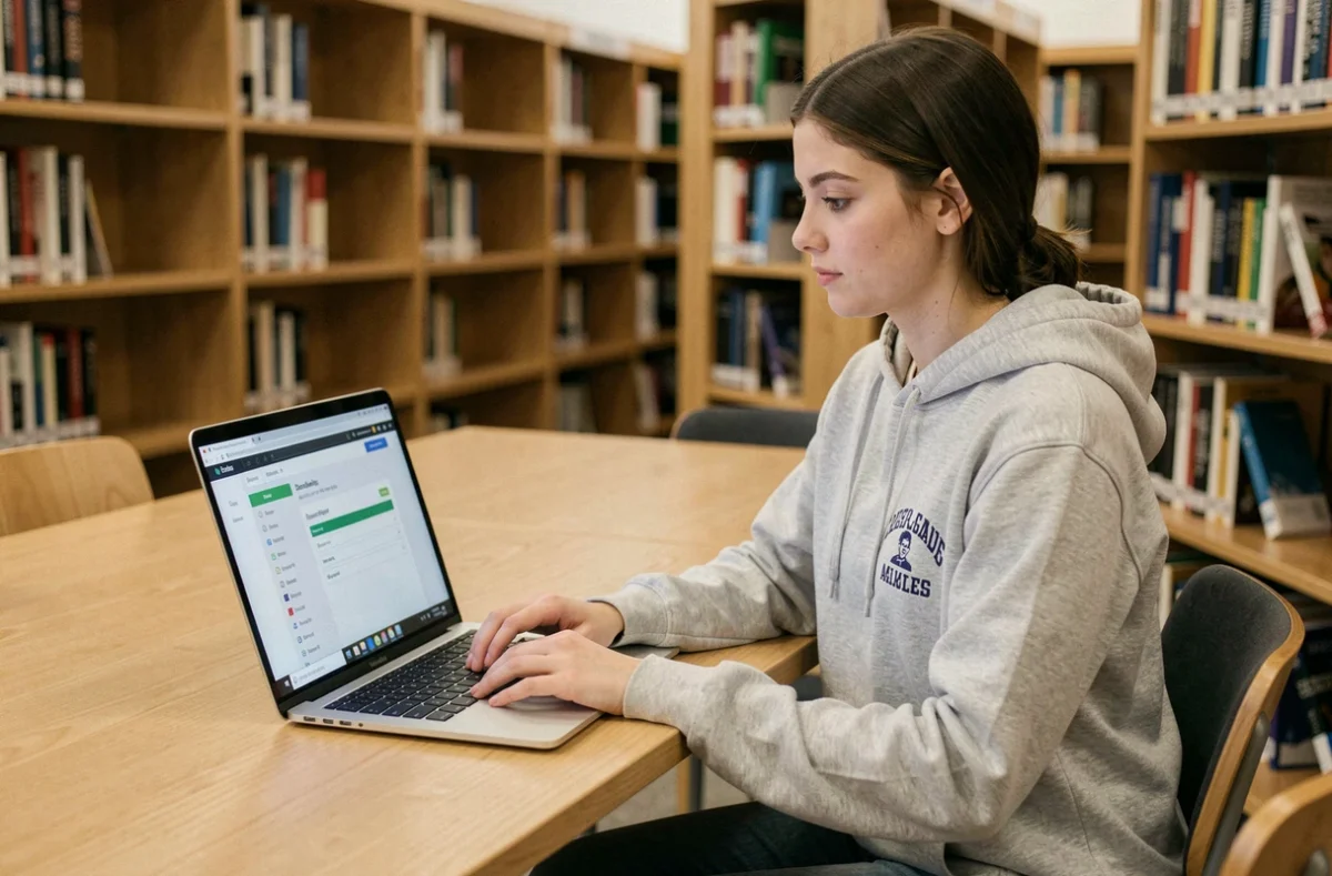 Étudiante utilisant le portail ENT UHA sur son ordinateur portable dans une bibliothèque universitaire
