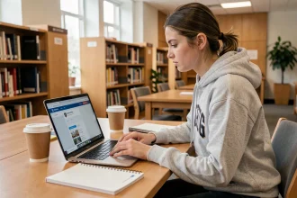 Étudiante connectée à l'ENT de l'UPVD sur son ordinateur portable dans une bibliothèque universitaire moderne