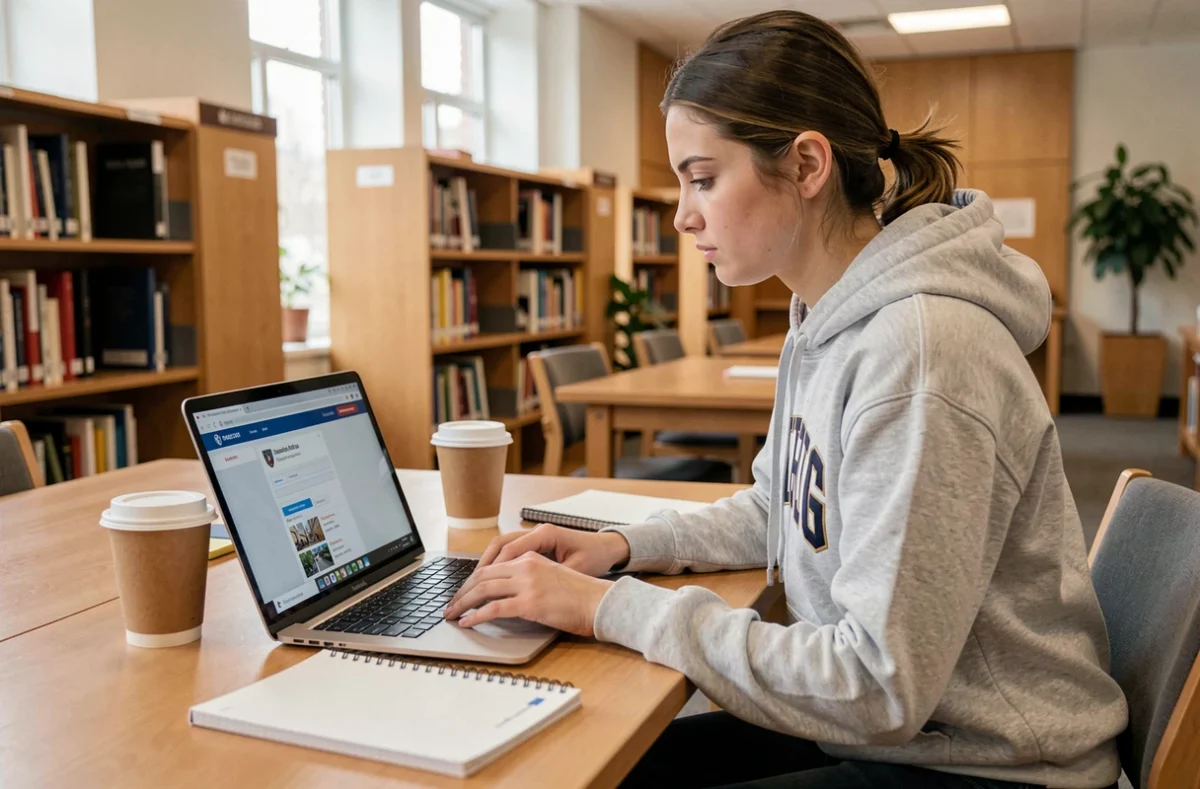 Étudiante connectée à l'ENT de l'UPVD sur son ordinateur portable dans une bibliothèque universitaire moderne