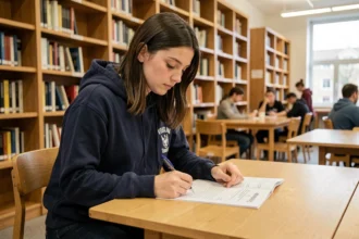Étudiante de Lyon 3 consultant une check-list de début de semestre dans une bibliothèque universitaire moderne