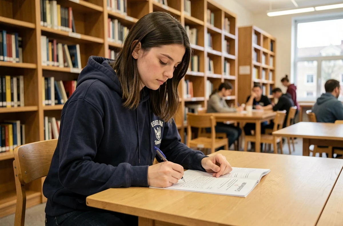 Étudiante de Lyon 3 consultant une check-list de début de semestre dans une bibliothèque universitaire moderne
