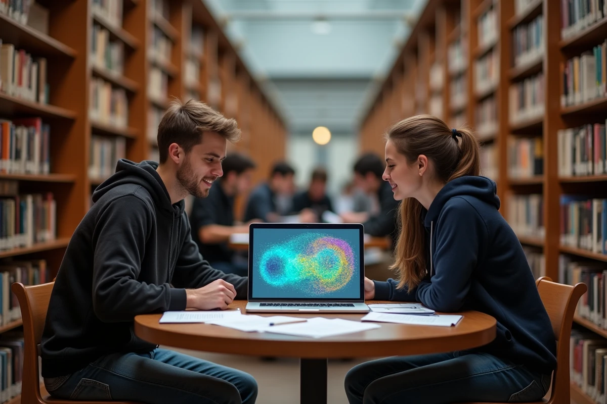 Deux étudiants en informatique collaborant sur la compréhension du modèle d'intelligence artificielle ResNet dans une bibliothèque universitaire