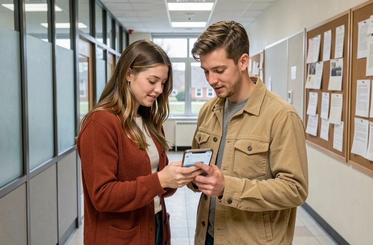 Deux étudiants de Lyon 3 consultant l'intranet sur smartphone dans un couloir universitaire au début du semestre