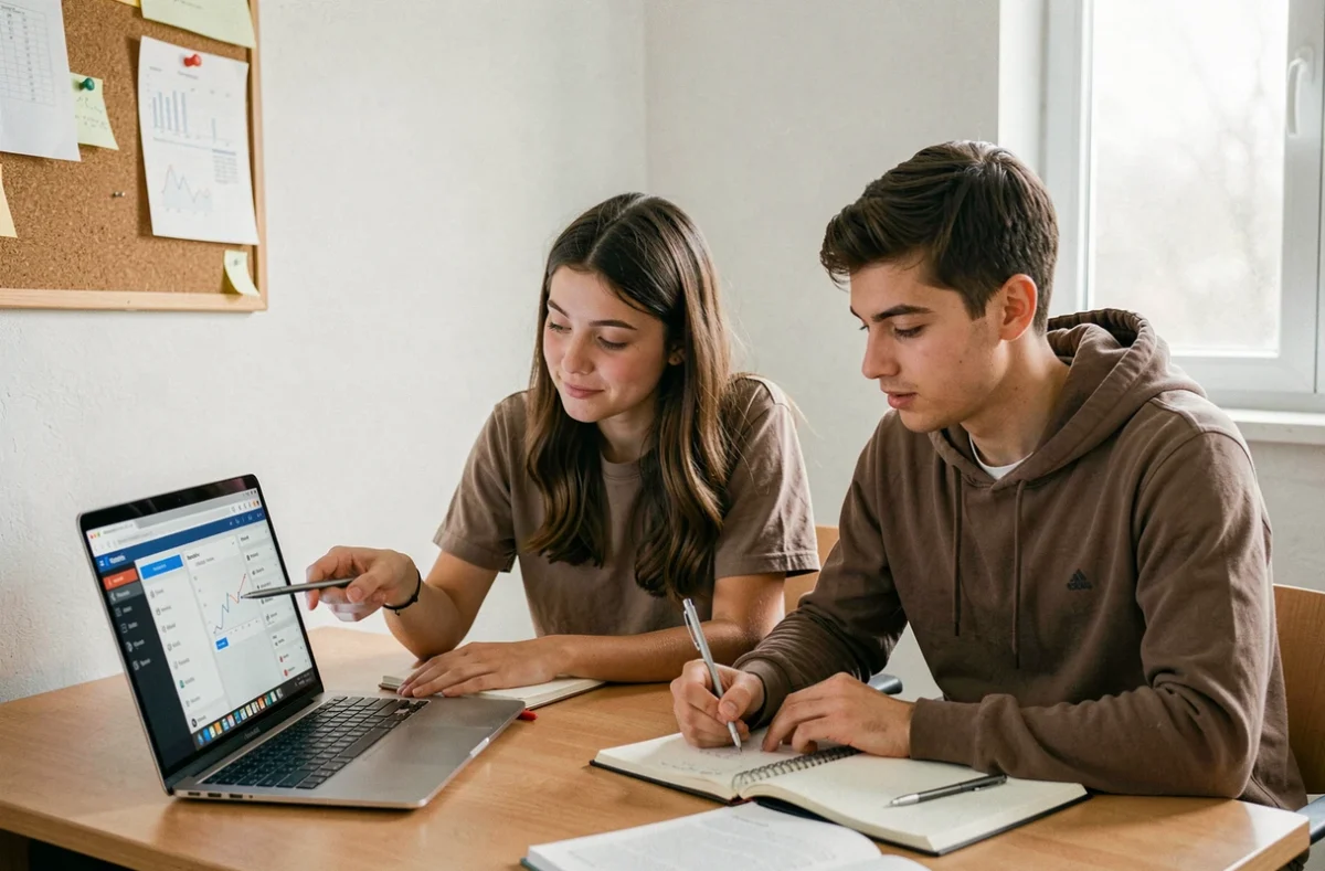 Deux étudiants consultant ensemble le tableau de bord de l'ENT UHA dans une salle de travail universitaire