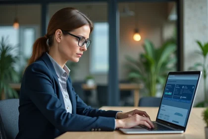 Femme professionnelle évaluant une plateforme de services en ligne sur son ordinateur portable dans un bureau moderne