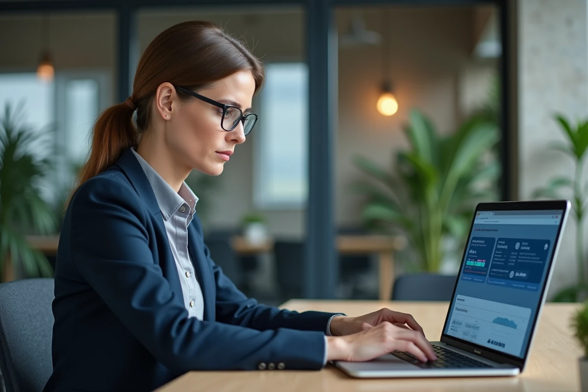 Femme professionnelle évaluant une plateforme de services en ligne sur son ordinateur portable dans un bureau moderne