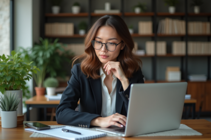 Femme concentrée analysant des données sur un ordinateur dans un bureau