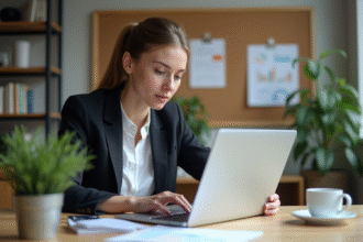 Jeune femme professionnelle analysant des données SEO au bureau