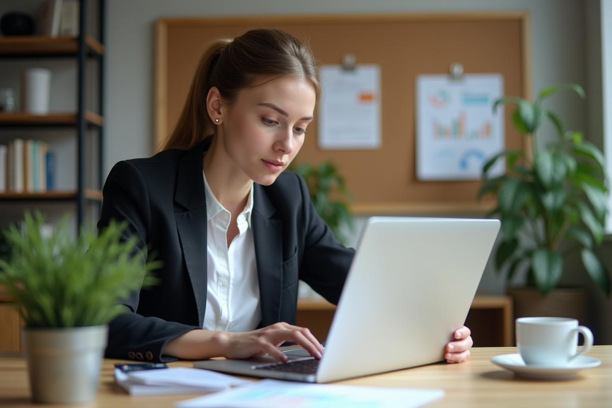 Jeune femme professionnelle analysant des données SEO au bureau