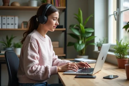 Jeune femme écoutant de la musique en travaillant chez elle