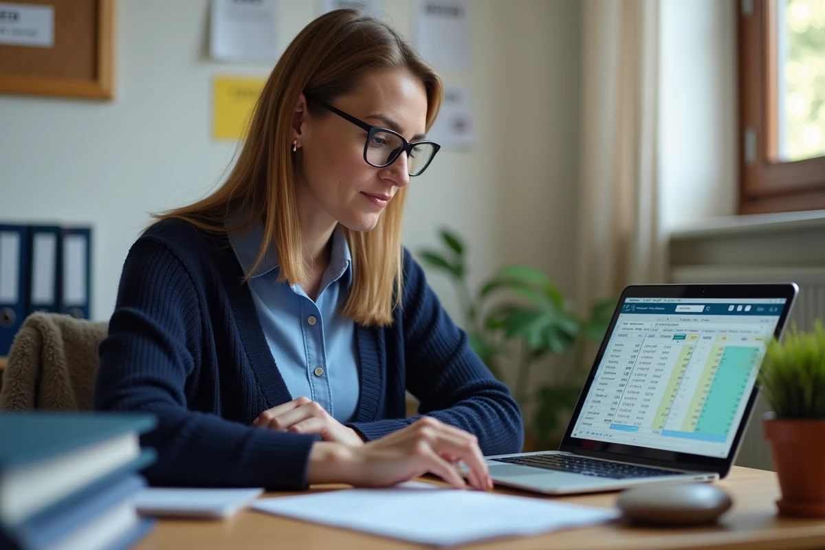 Femme bénévole consultant un fichier Excel de comptabilité associative sur un ordinateur portable dans un bureau associatif