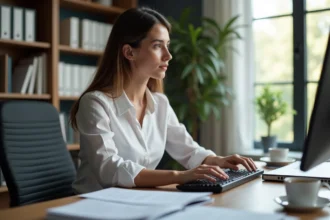 Jeune femme au bureau tapant sur clavier noir moderne