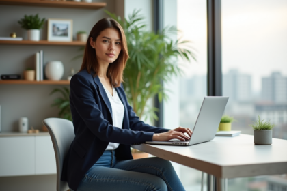 Femme confiante travaillant sur son ordinateur dans un bureau moderne