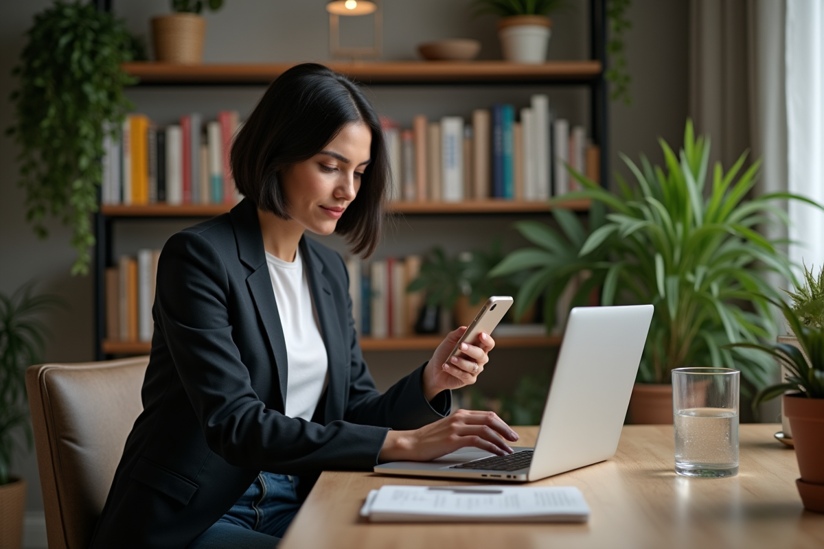 Femme en bureau cosy lisant sur son ordinateur portable