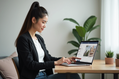 Jeune femme professionnelle analysant un site web dans un bureau moderne