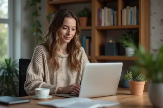 Femme en tenue décontractée travaillant à son bureau à domicile